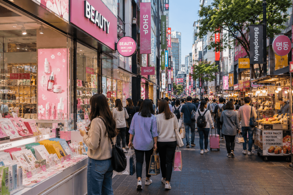 Traditional Korean souvenir shop in Seoul with ceramics, tea items, fans, crafts and market displays