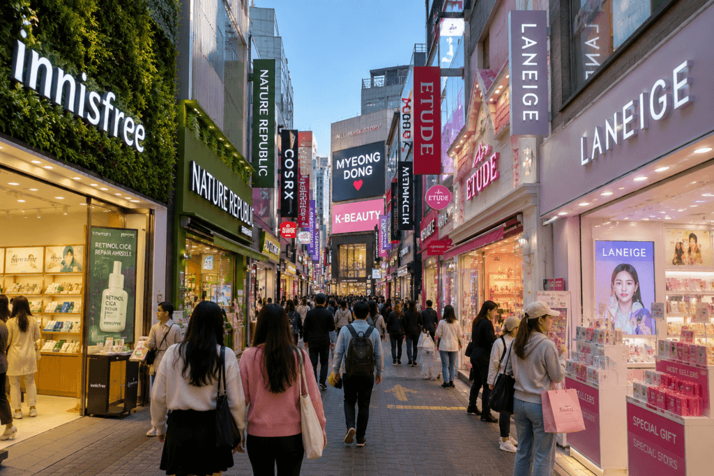 K-Beauty Shopping in Myeongdong Beauty stores and shoppers in Myeongdong Seoul