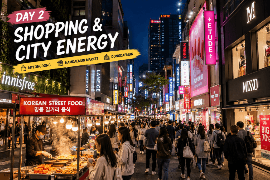 Day 2: Shopping and City Energy Myeongdong shopping streets and Seoul night market atmosphere