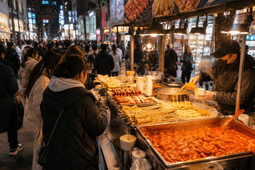 Myeongdong street food stall at night with tteokbokki, skewers, and travelers