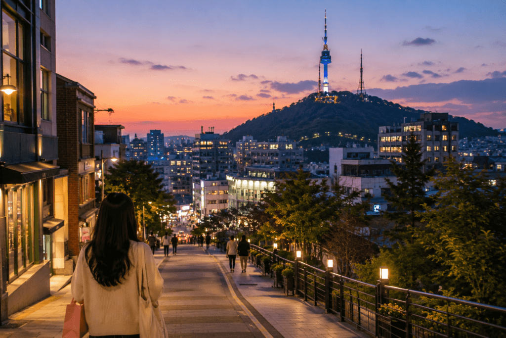 Myeongdong shopping street in Seoul with travelers, food stalls, and evening city lights