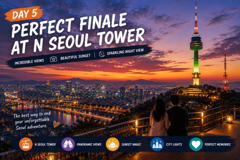 Day 5: N Seoul Tower Finale N Seoul Tower sunset view overlooking Seoul city skyline