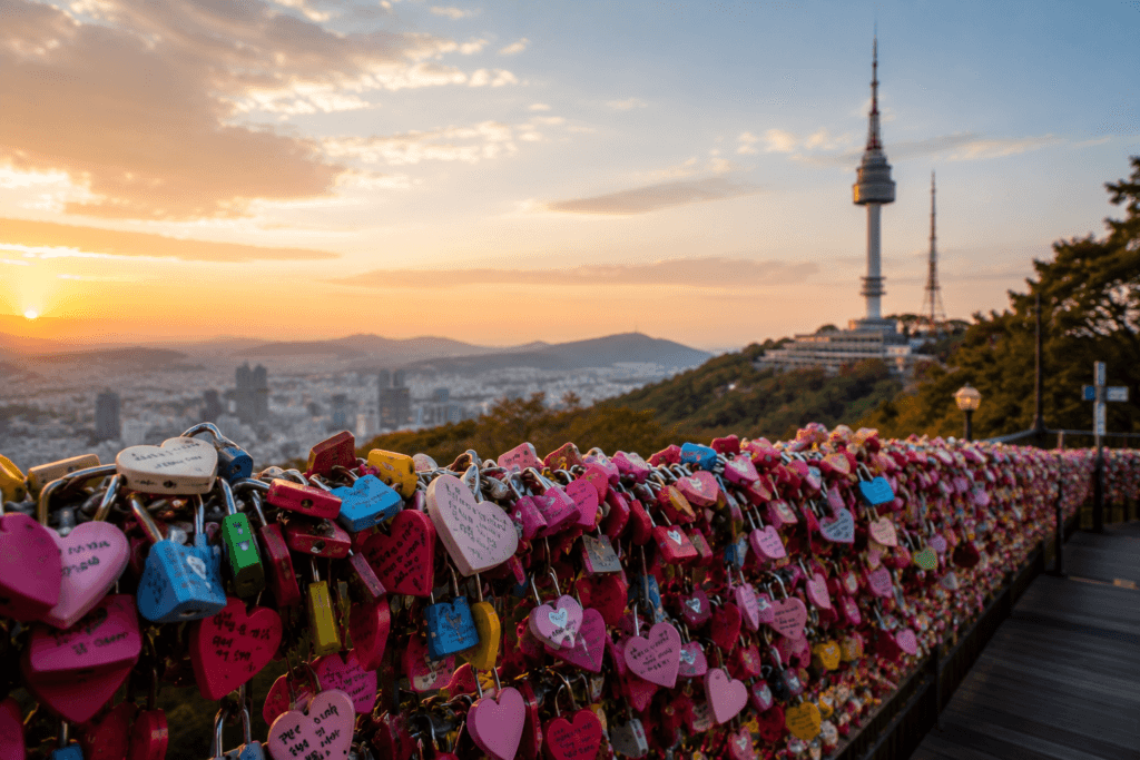 Colorful love locks near N Seoul Tower with sunset over Seoul in the background