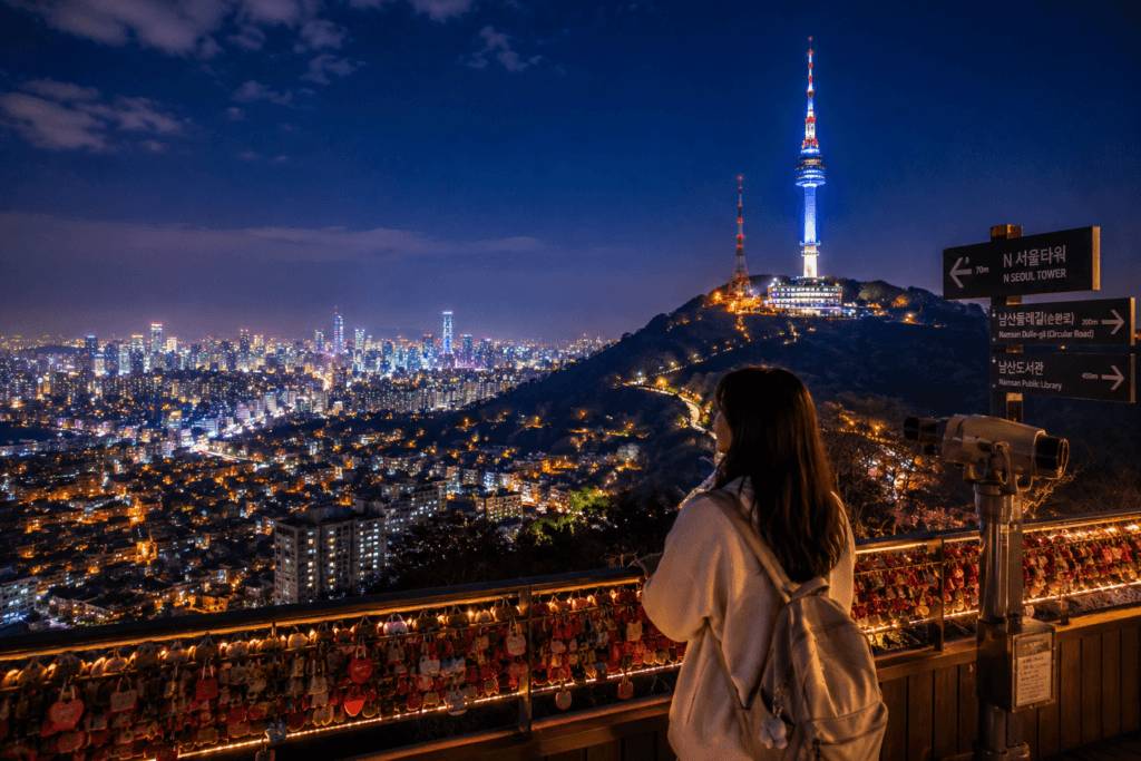 N Seoul Tower Night View N Seoul Tower night view with Seoul city lights and a traveler looking over the skyline