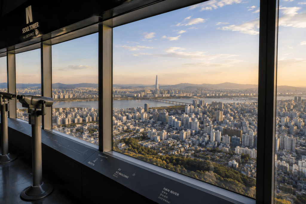 Panoramic Seoul city view from the N Seoul Tower observation deck with Han River in the distance