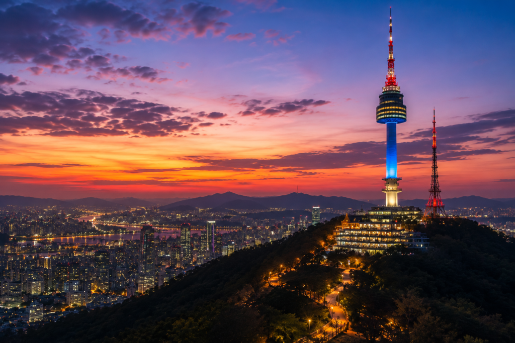 N Seoul Tower illuminated at sunset above the Seoul skyline