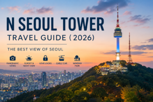 N Seoul Tower overlooking Seoul skyline at sunset