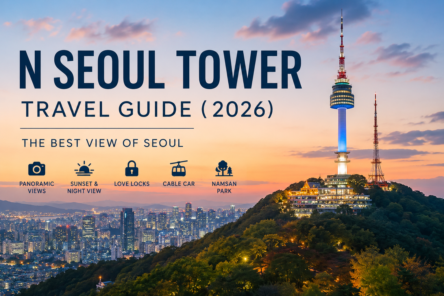 N Seoul Tower overlooking Seoul skyline at sunset