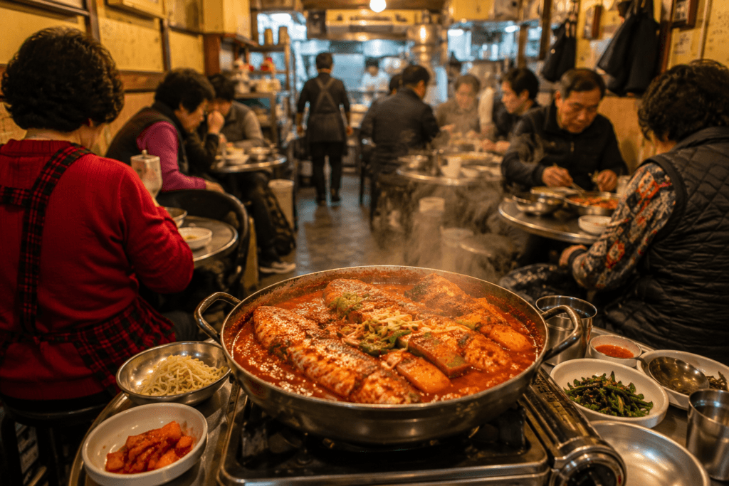 Spicy braised hairtail fish stew served in a local restaurant at Namdaemun Market