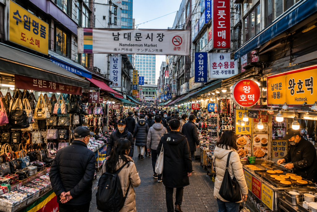 Busy shopping alley inside Namdaemun Market Seoul