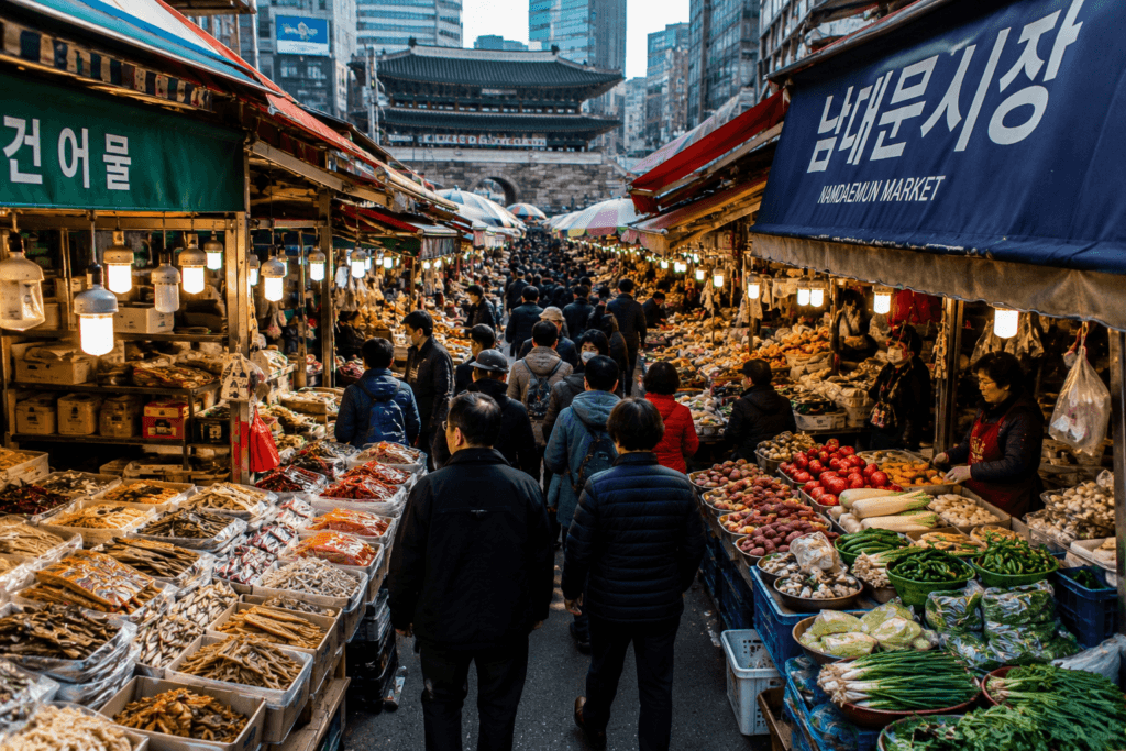 Crowded shopping alley at Namdaemun Market with produce, dried goods, shoppers, and traditional market stalls