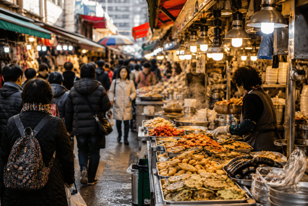 Street food stalls at Namdaemun Market in Seoul with Korean snacks, steam, and local shoppers