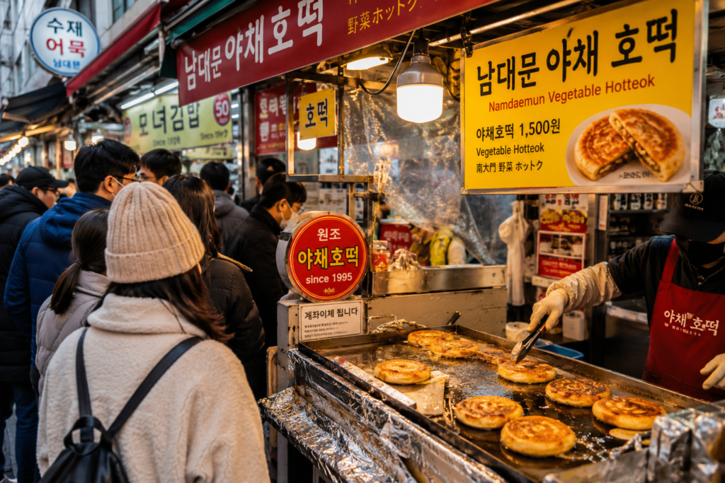 Famous vegetable hotteok stall at Namdaemun Market Seoul