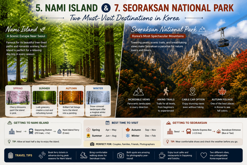 Nami Island tree-lined roads and Seoraksan mountain peaks during autumn