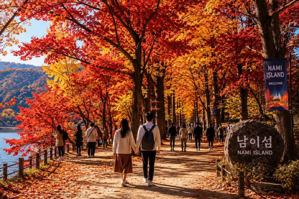 Visitors walking through colorful autumn foliage on Nami Island