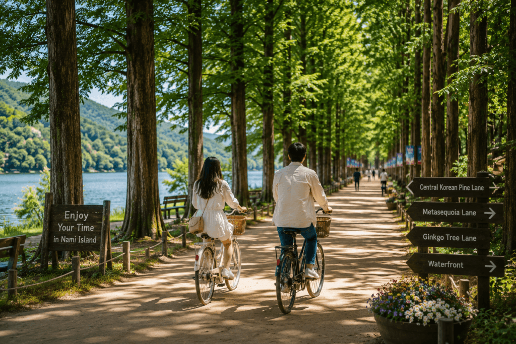 Travelers riding bicycles along scenic paths on Nami Island