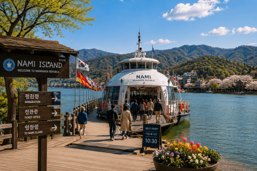 Visitors boarding the Nami Island ferry at the ferry terminal near Gapyeong