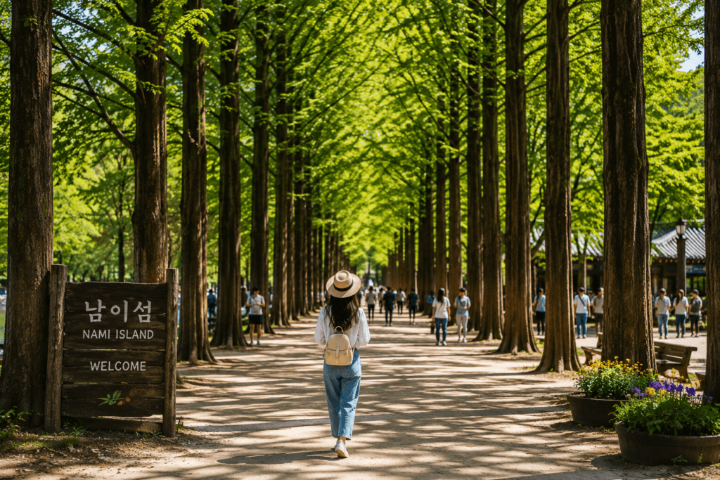 The famous tree-lined path on Nami Island surrounded by tall metasequoia trees