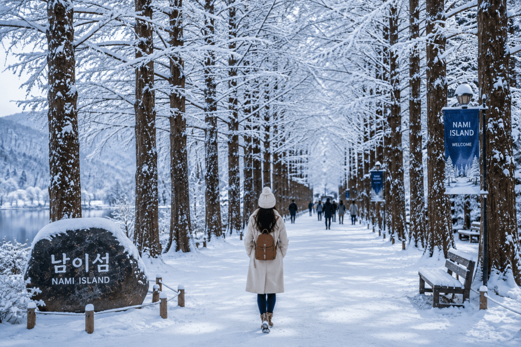 Snow-covered tree-lined avenue on Nami Island during winter