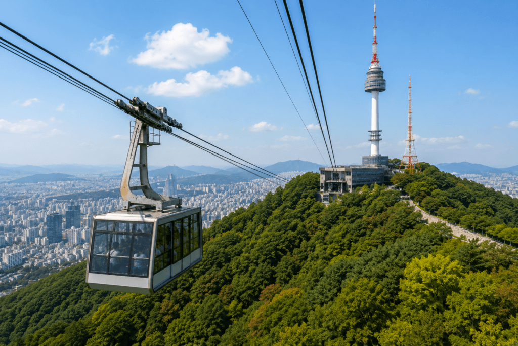 Namsan Cable Car approaching N Seoul Tower above green forest and Seoul skyline