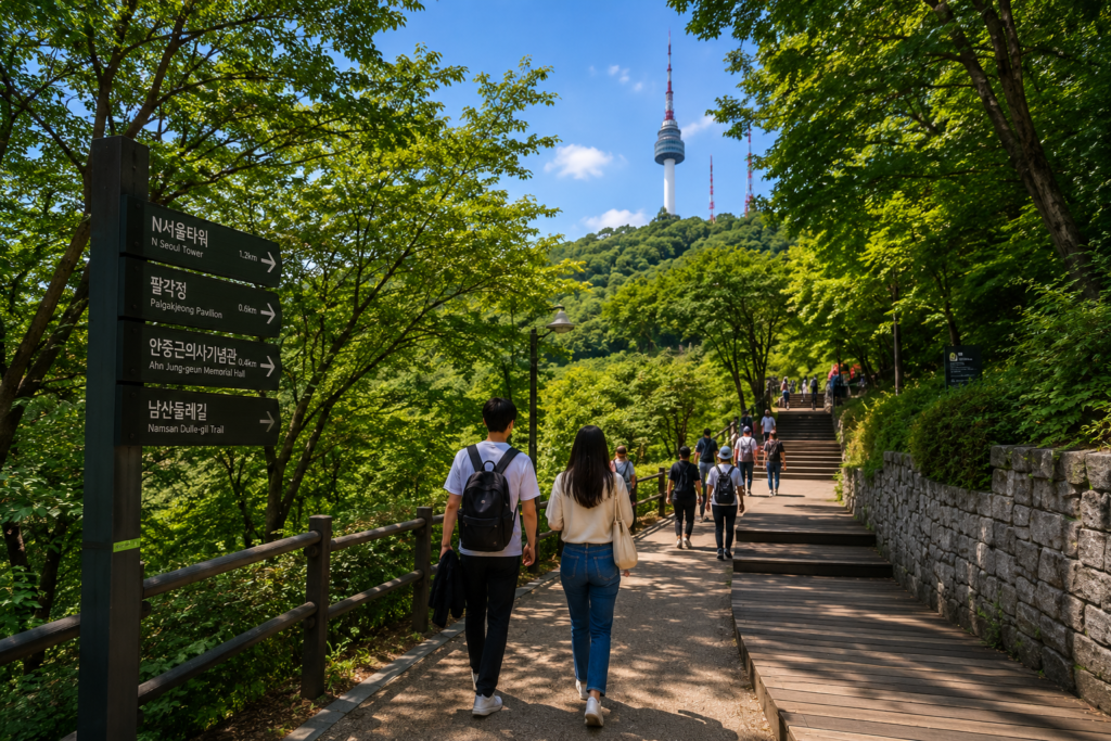 Visitors walking through Namsan Park toward N Seoul Tower
