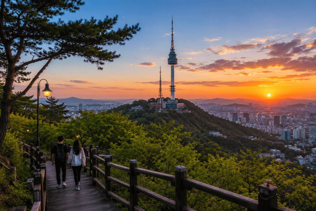 Namsan walking trail overlooking Seoul skyline at sunset
