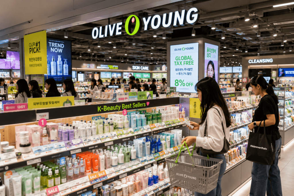 Shopping at Olive Young Shoppers browsing skincare products inside Olive Young Seoul