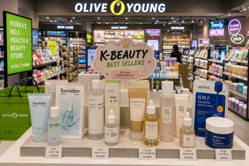 K-Beauty Shopping at Olive Young Olive Young store featuring popular Korean skincare and beauty products in Seoul