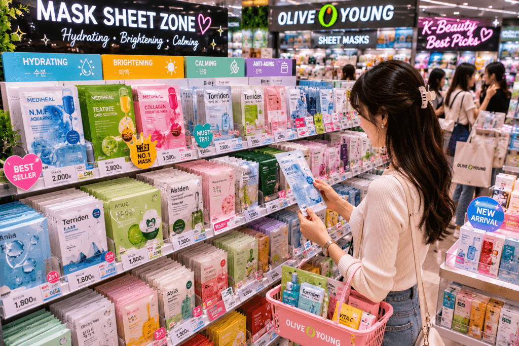 Sheet Masks at Olive Young Traveler browsing sheet masks at Olive Young