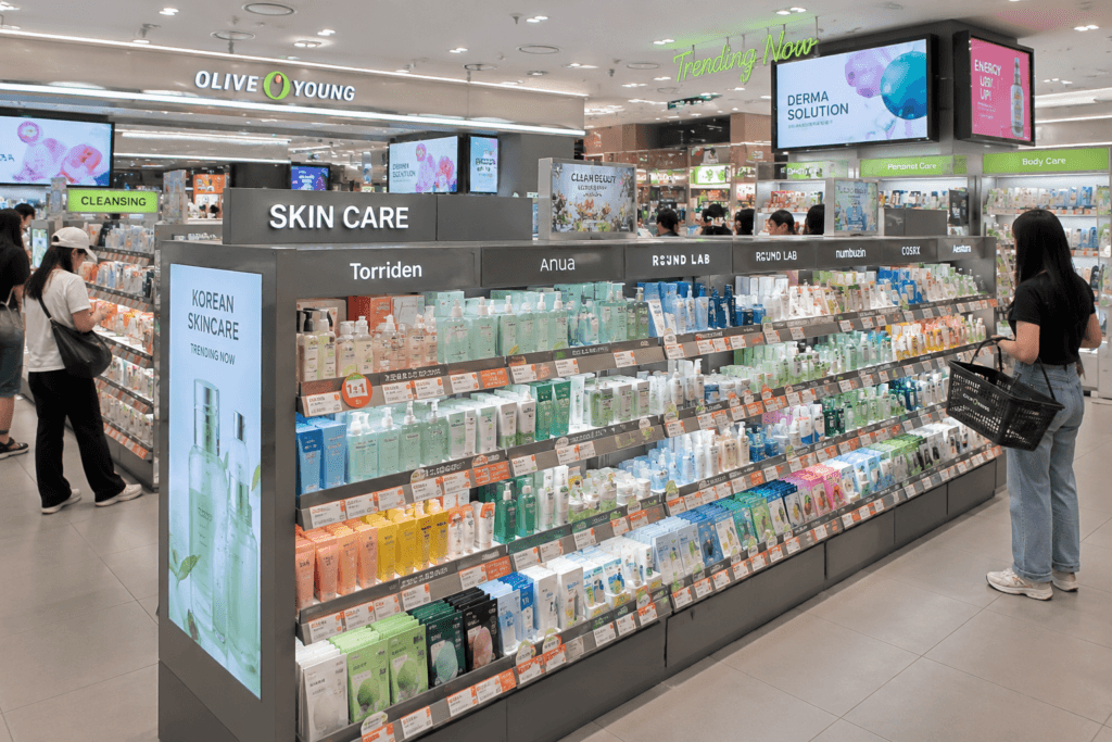 Inside Olive Young Inside an Olive Young store with skincare and beauty products