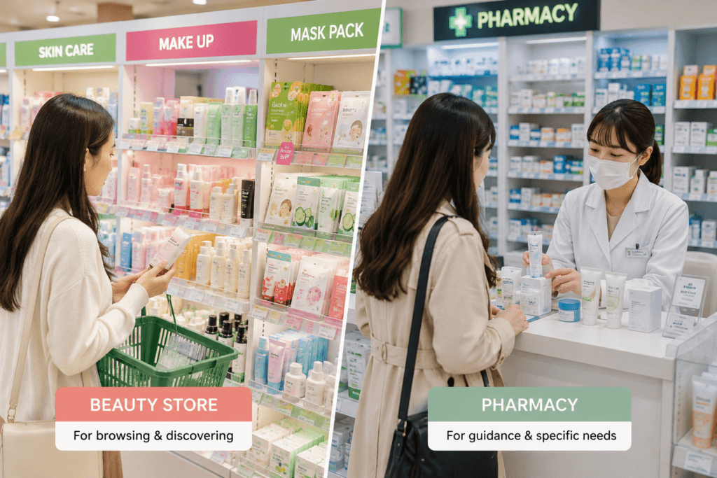 Comparison of Korean beauty store browsing and pharmacy skincare consultation in Seoul