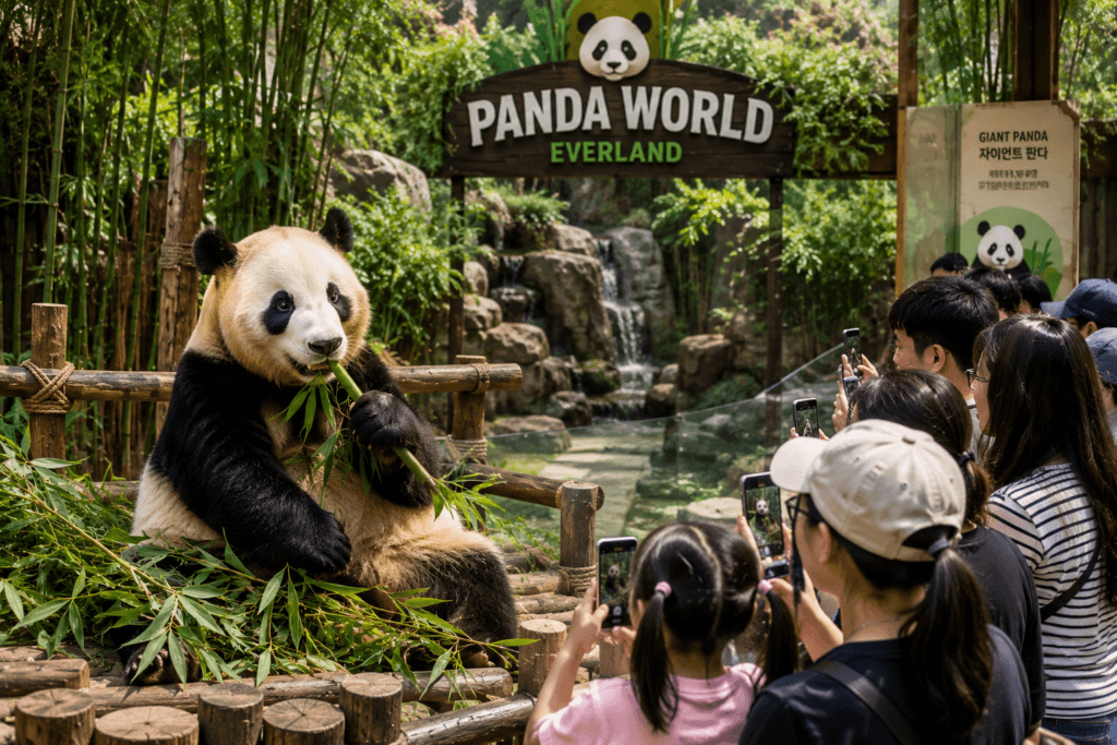 Giant panda eating bamboo at Panda World in Everland