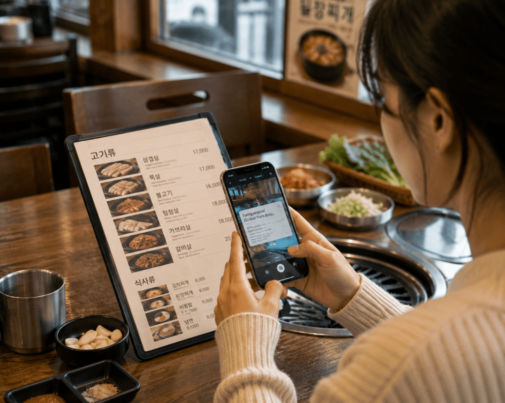 Traveler using a smartphone translation app to read a Korean restaurant menu