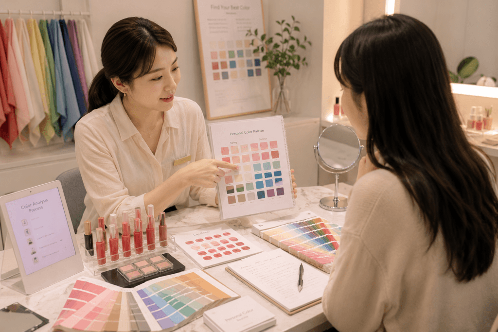 Personal Color Consultation Palette in Seoul Consultant explaining a personal color palette and makeup shades during a Seoul beauty consultation