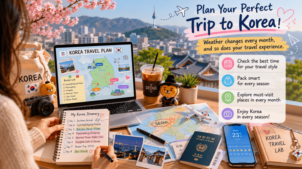Traveler planning a Korea itinerary using weather information and travel guides