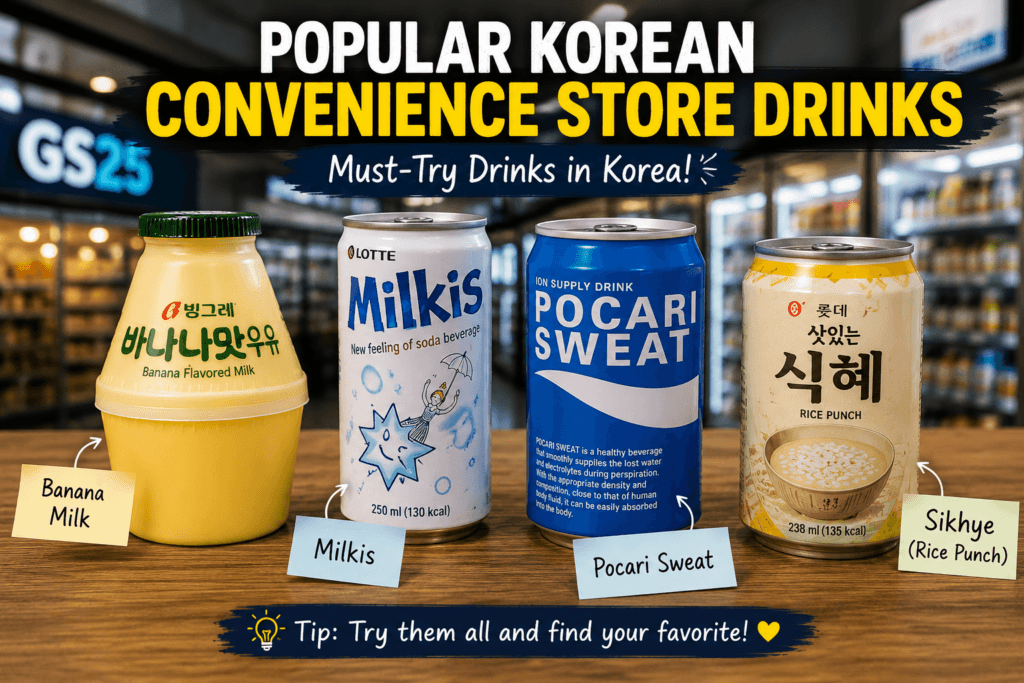 Popular Korean convenience store drinks including banana milk Milkis Pocari Sweat and Sikhye