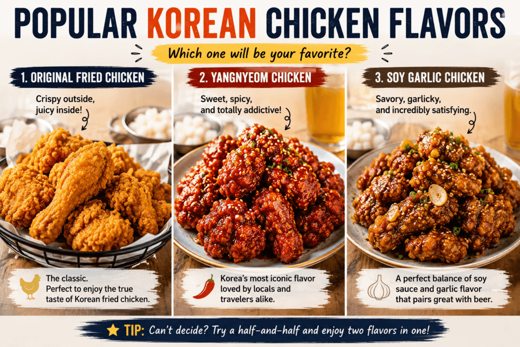 Popular Korean fried chicken flavors including original yangnyeom and soy garlic chicken