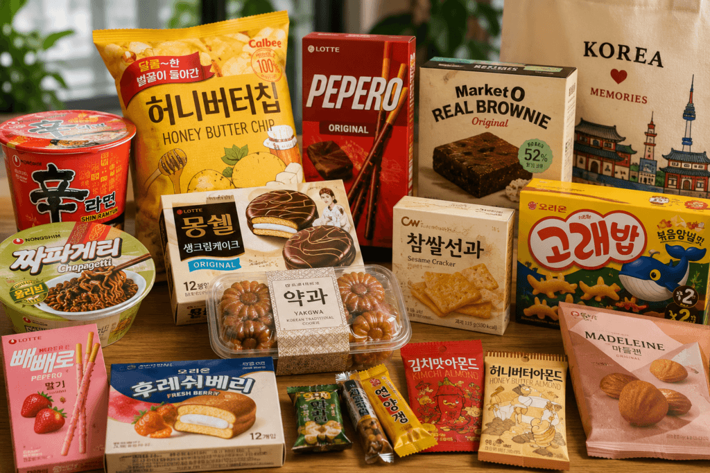 Popular Korean Snacks to Bring Home Popular Korean snacks including Pepero, Honey Butter Chips, Yakgwa, and instant noodles
