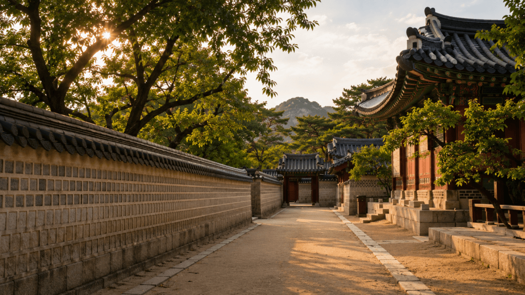 Quiet traditional palace path at Gyeongbokgung Palace with warm afternoon sunlight