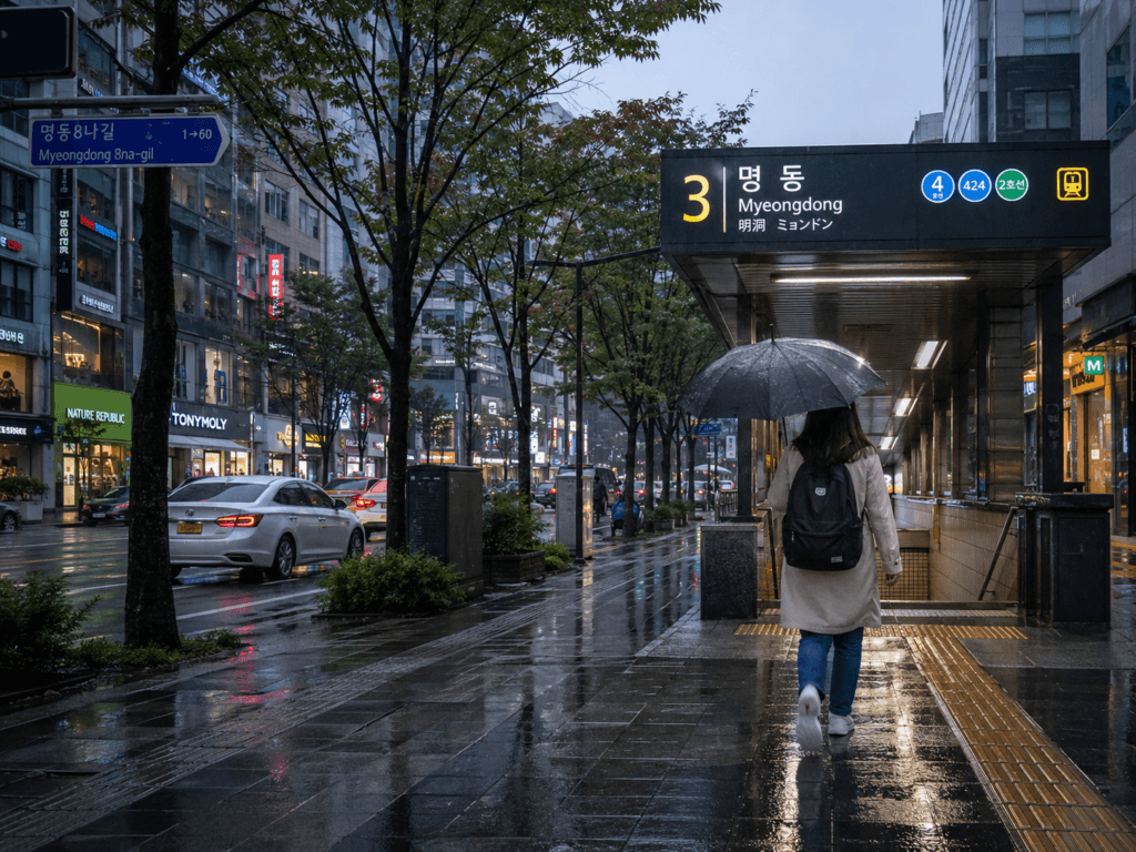 Rainy street in Myeongdong Seoul with a traveler walking near a subway entrance holding an umbrella