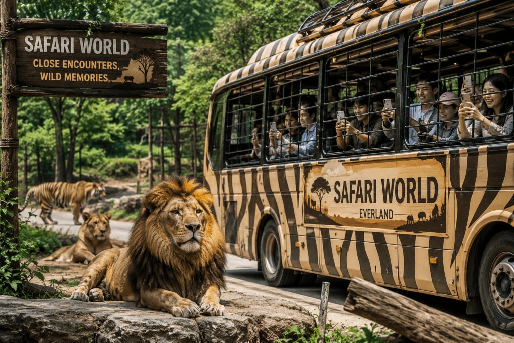 Safari World bus passing lions and tigers at Everland