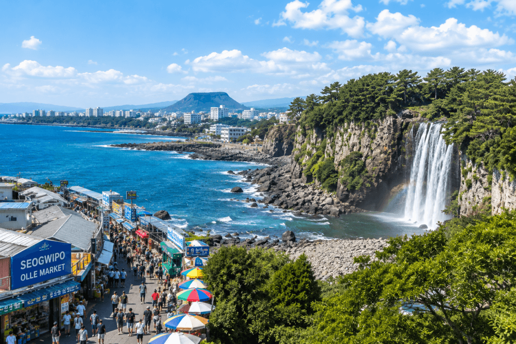 Seogwipo Stay Area in Southern Jeju Seogwipo coastal scenery with waterfall, ocean views and local market atmosphere in Jeju