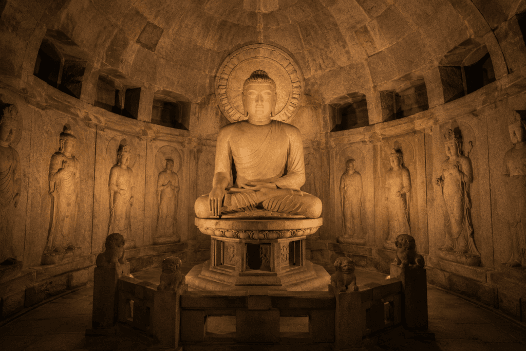 Buddha statue and stone carvings representing the artistic beauty of Seokguram Grotto