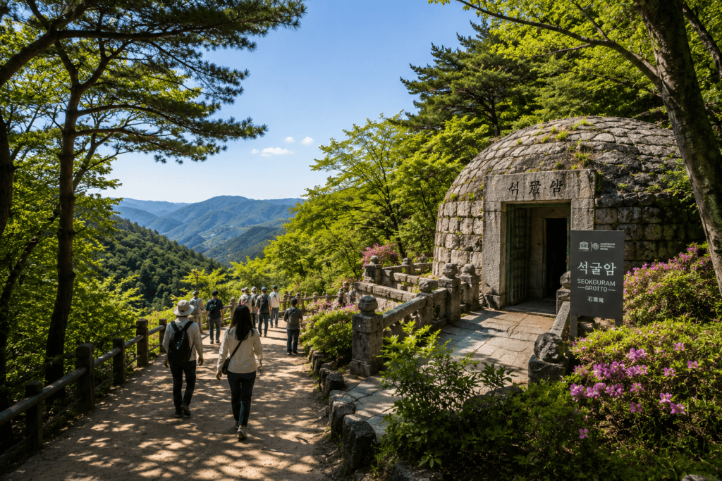 Visitors walking through forested paths near Seokguram Grotto on Mount Toham