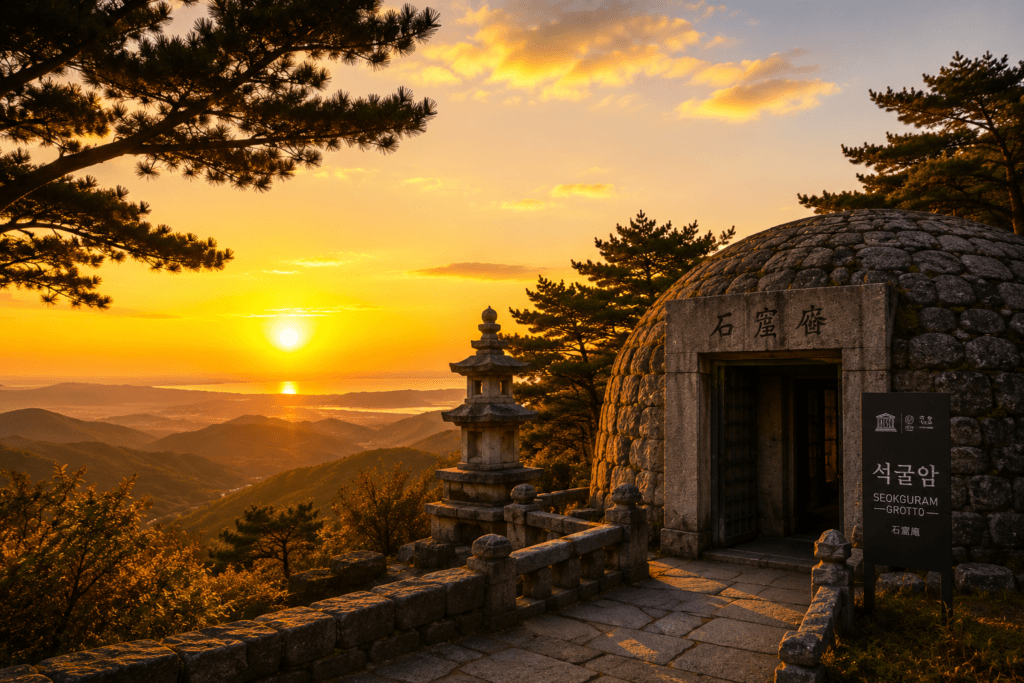 Sunrise view from Seokguram Grotto overlooking mountains and the East Sea