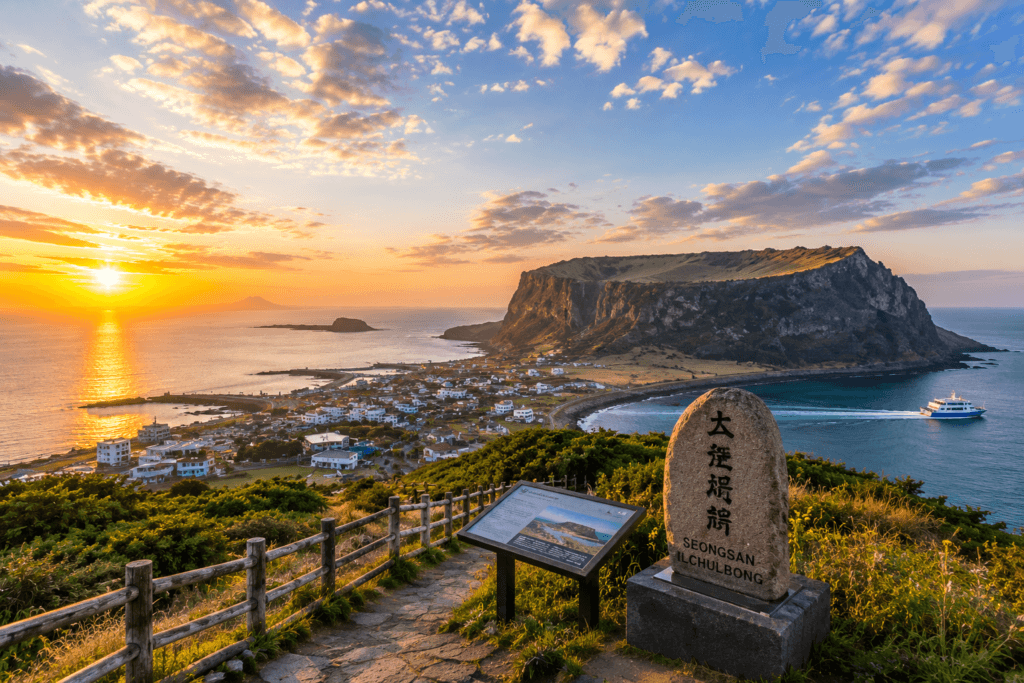 Seongsan and East Jeju Stay Area Sunrise view of Seongsan Ilchulbong and East Jeju coastline with ocean and village scenery