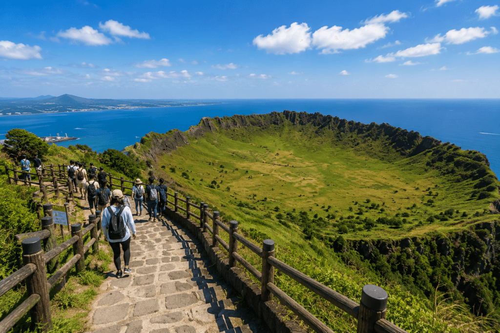 Visitors walking along the summit trail at Seongsan Ilchulbong