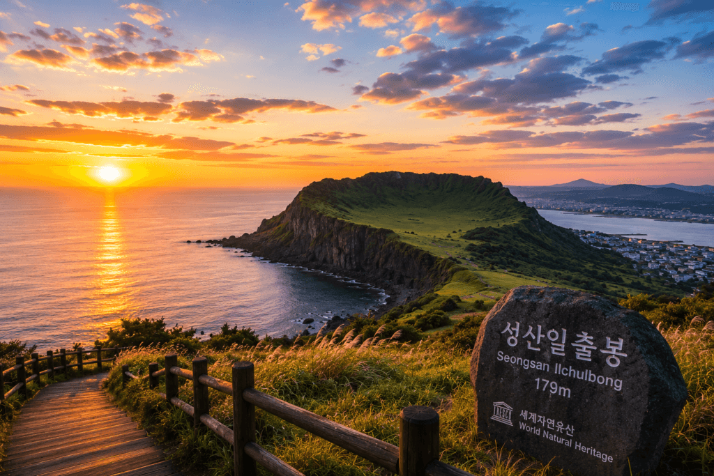 Sunrise view over Seongsan Ilchulbong on Jeju Island