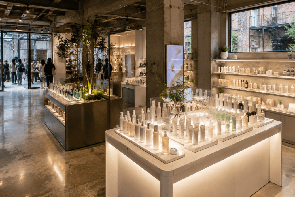 Modern K-beauty concept store in Seongsu-dong with skincare displays, soft lighting, and industrial interior design