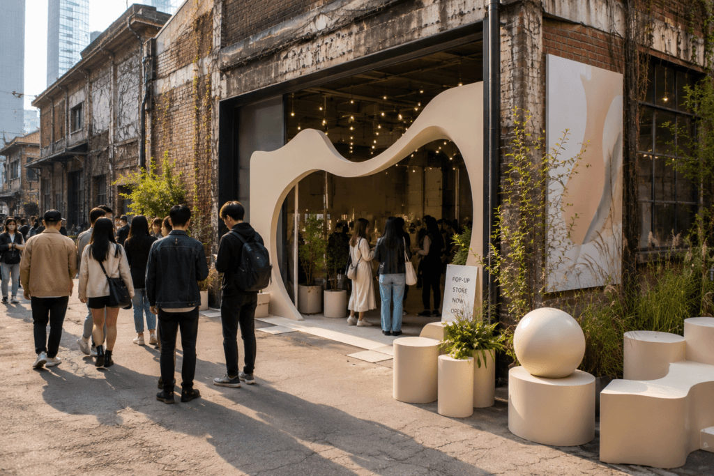Modern pop-up store in Seongsu-dong with industrial brick architecture, creative installation, and visitors waiting outside